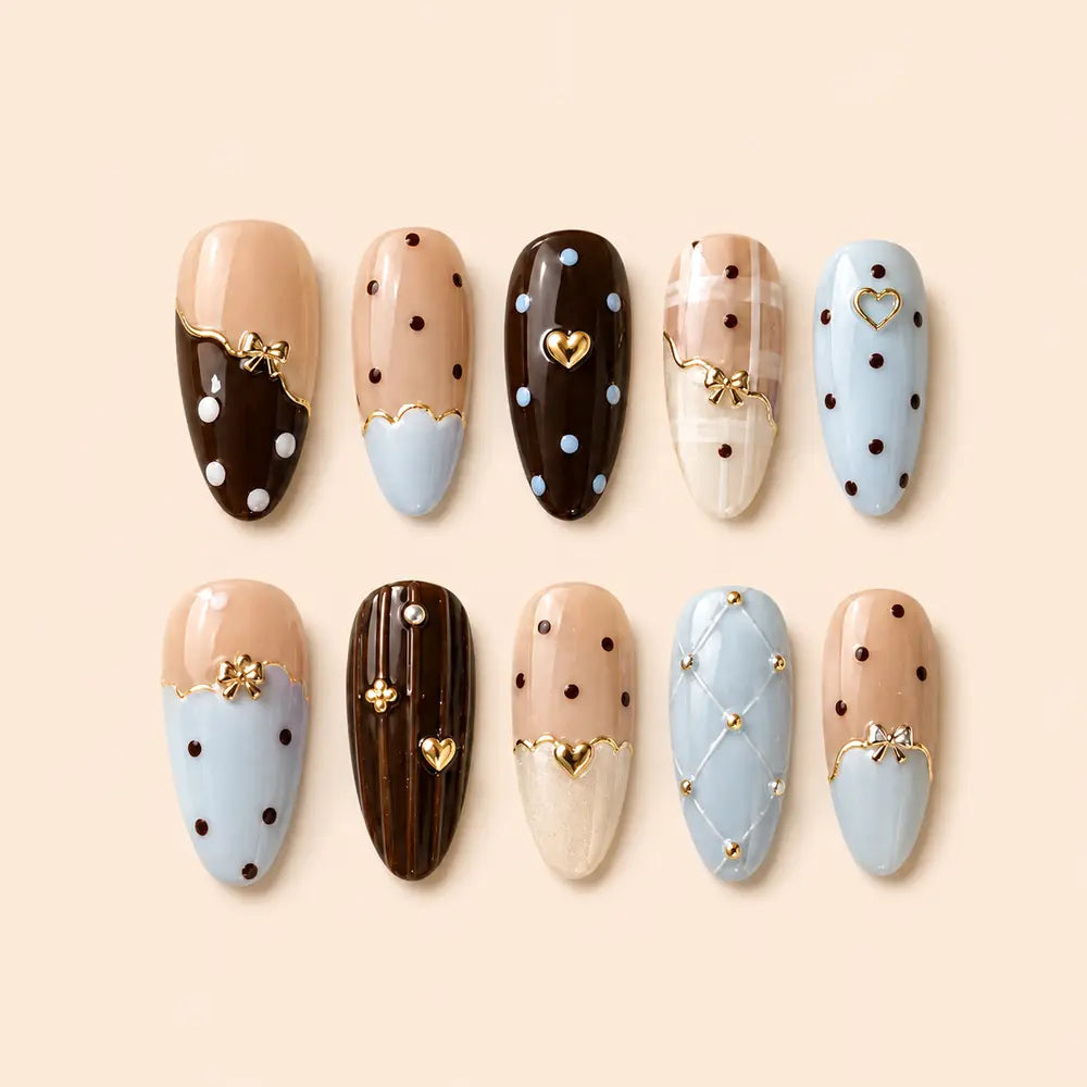Chocolate Blue Bow Heart Coquette Press On Nails — image 1
