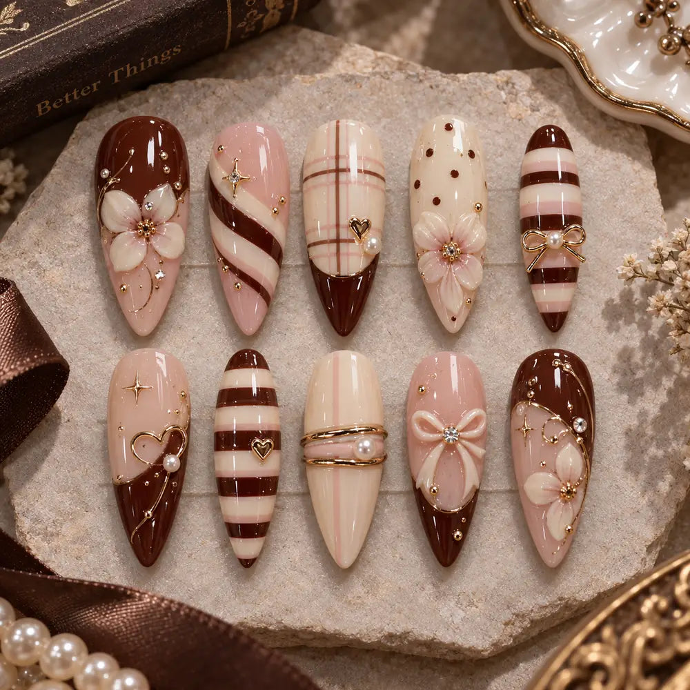 Chocolate Blush Floral Bow 3D Press On Nails — image 2