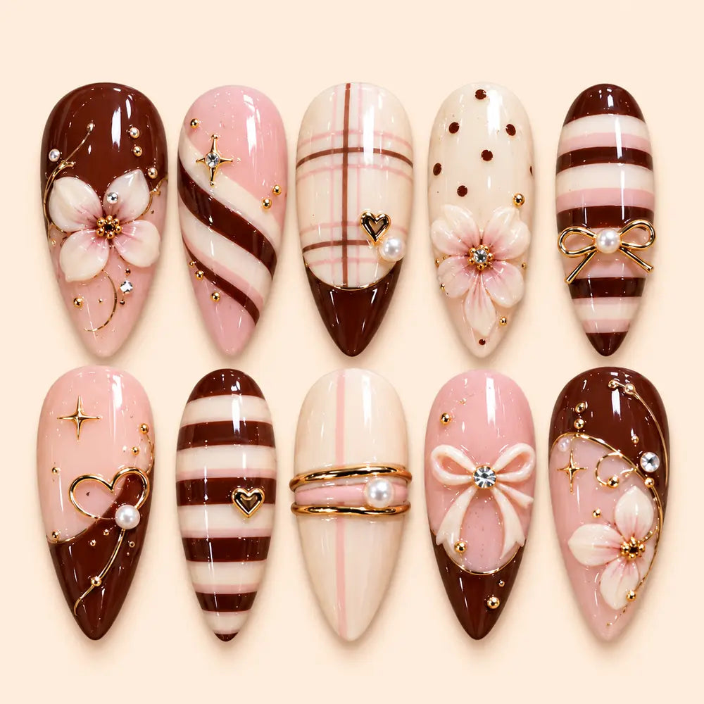 Chocolate Blush Floral Bow 3D Press On Nails — image 1