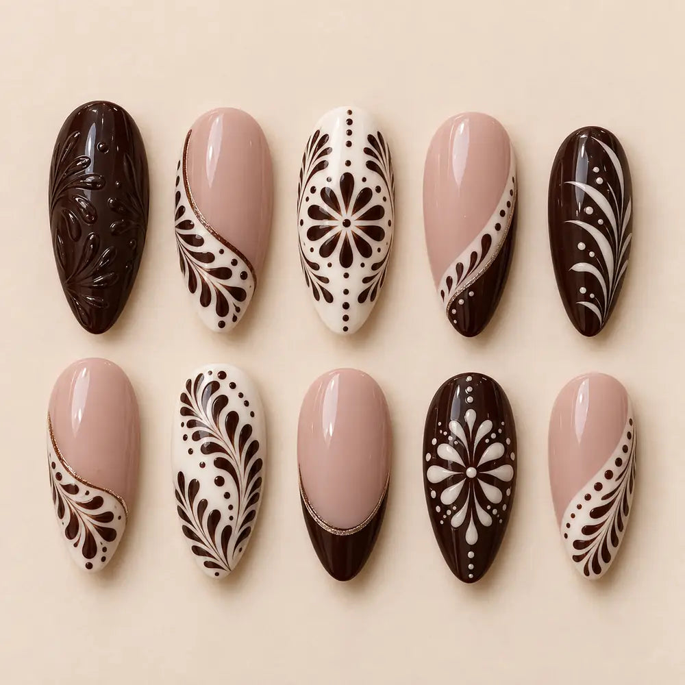Chocolate Boho Floral 3D French Tip Press On Nails — image 2