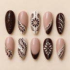 Chocolate Boho Floral 3D French Tip Press On Nails — image 2
