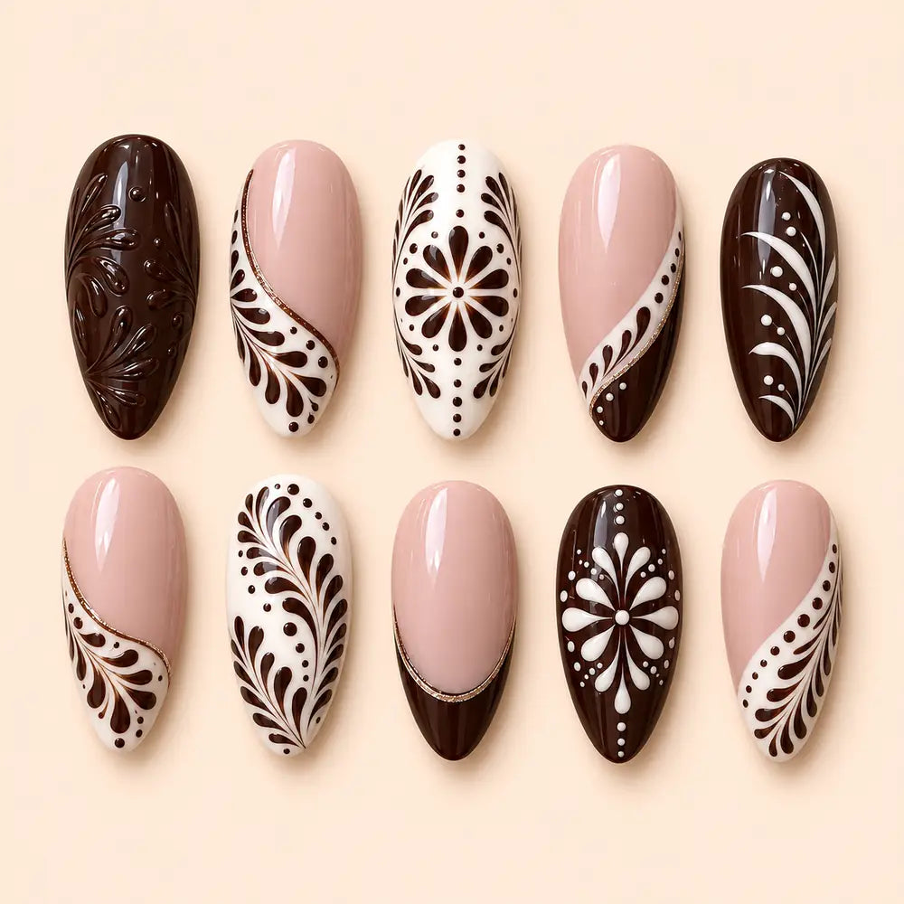 Chocolate Boho Floral 3D French Tip Press On Nails — image 1