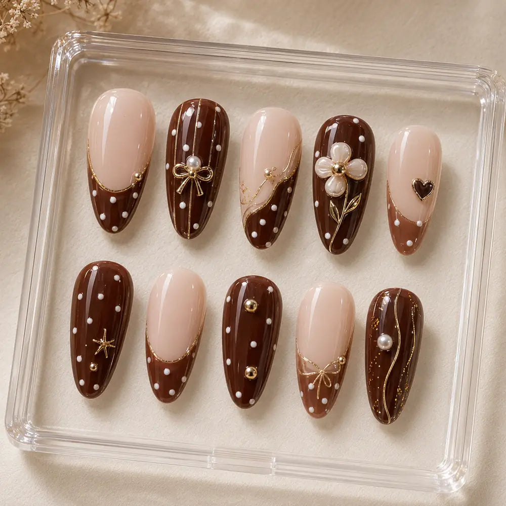 Chocolate Bow & Floral French Tip Press On Nails — image 2