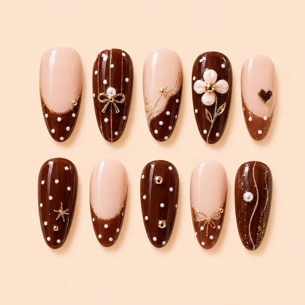 Chocolate Bow & Floral French Tip Press On Nails — image 1
