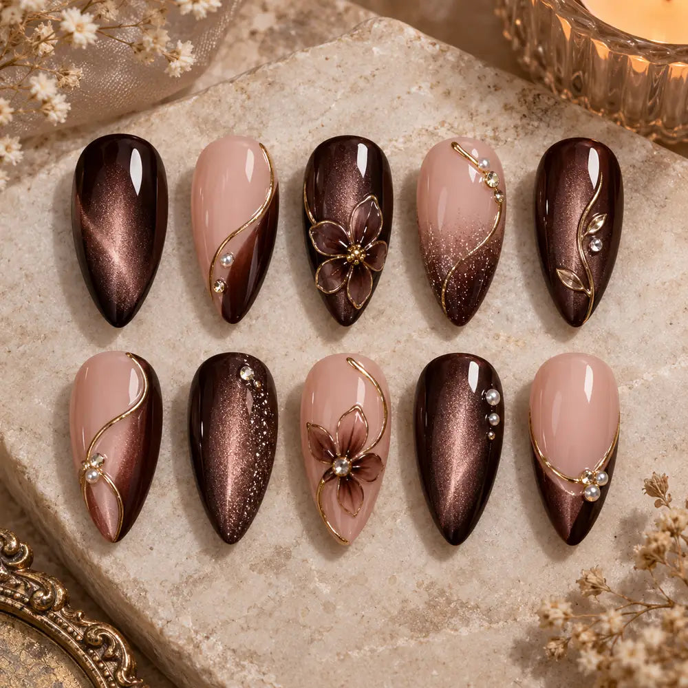 Chocolate Cat Eye Floral Rhinestone Press On Nails — image 2