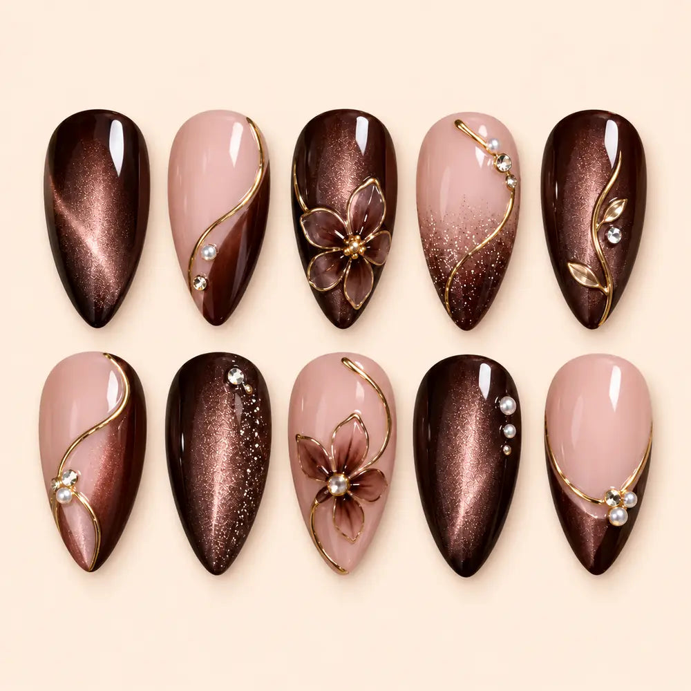 Chocolate Cat Eye Floral Rhinestone Press On Nails — image 1