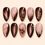 Chocolate Cat Eye Floral Rhinestone Press On Nails — image 1