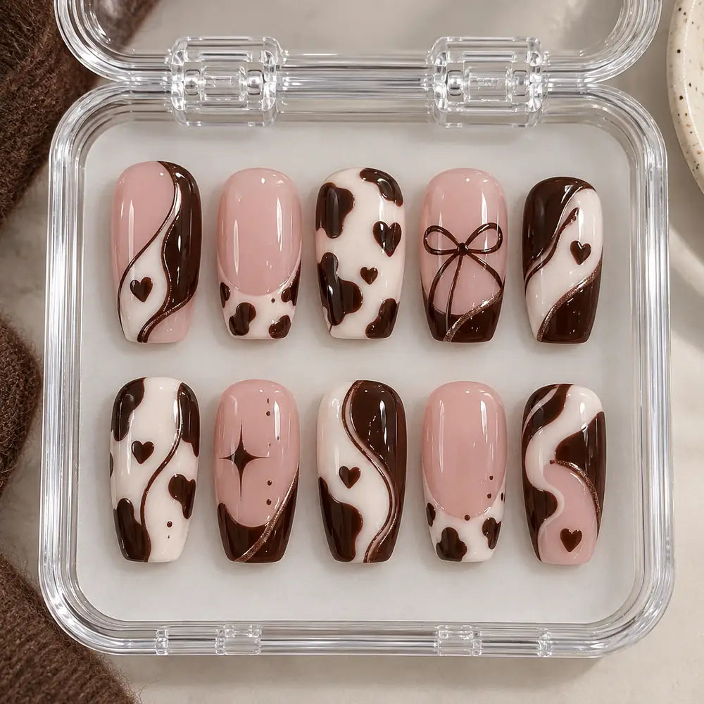 Chocolate Cow Print Heart & Bow Press On Nails — image 2