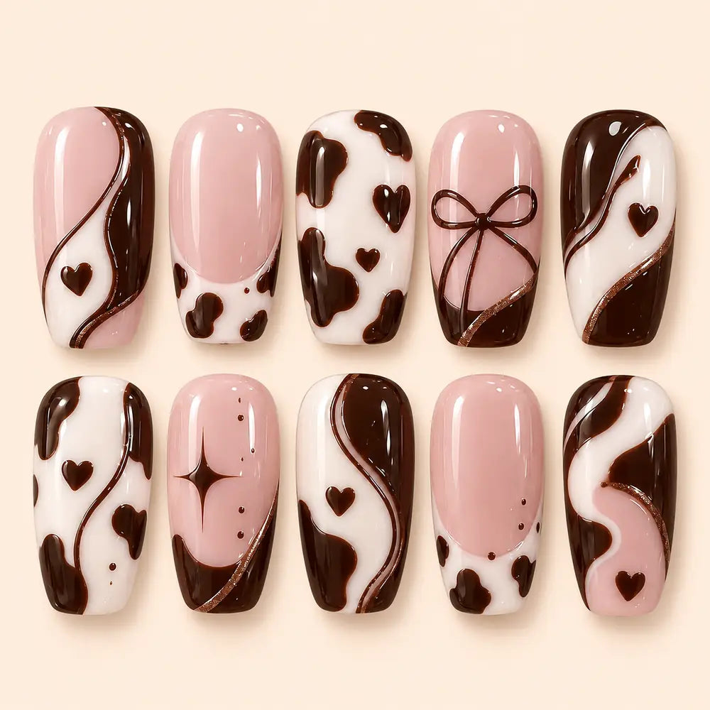 Chocolate Cow Print Heart & Bow Press On Nails — image 1
