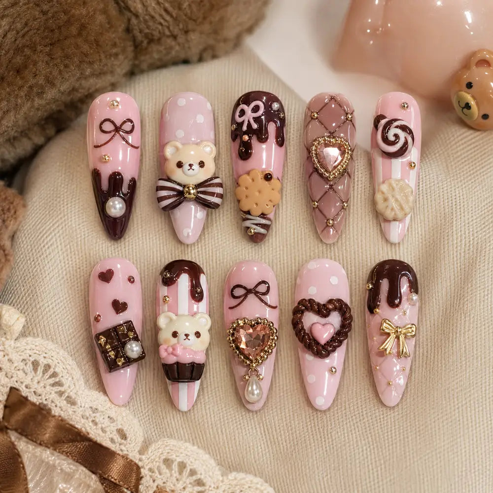 Chocolate Teddy Candy Heart 3D Press On Nails — image 2