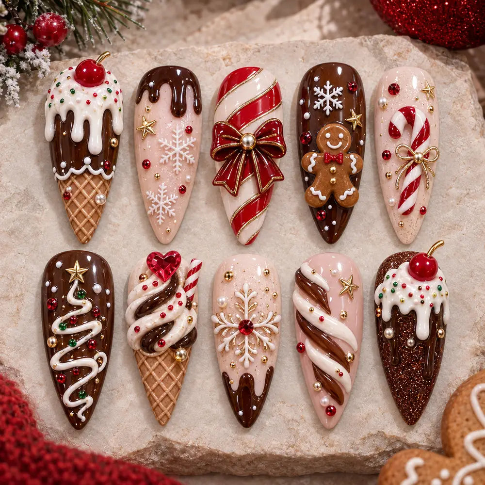 Christmas Candy Dessert 3D Rhinestone Stiletto Press On Nails — image 2