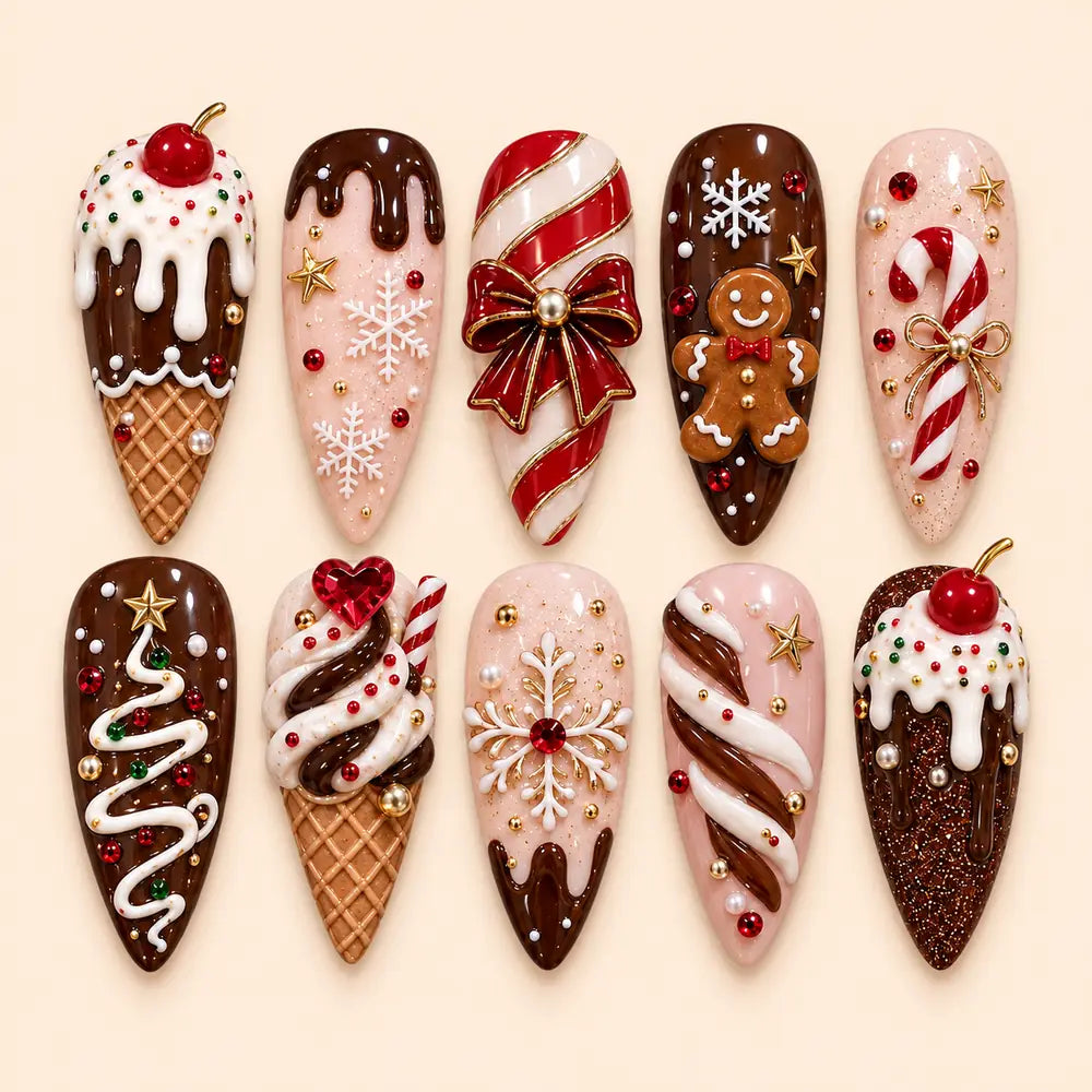 Christmas Candy Dessert 3D Rhinestone Stiletto Press On Nails — image 1