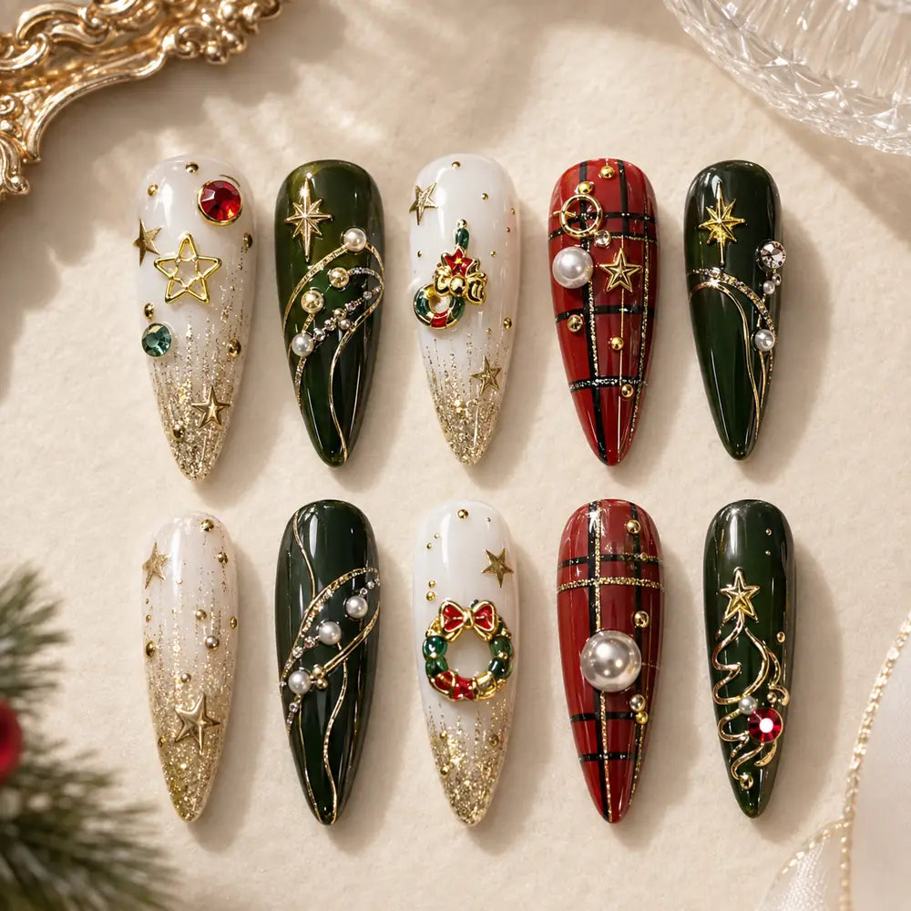 Christmas Wreath and Ornament 3D Rhinestone Press On Nails — image 2