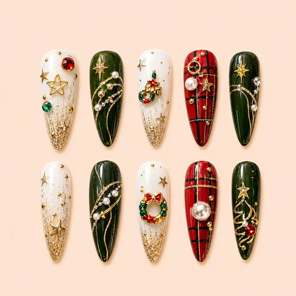Christmas Wreath and Ornament 3D Rhinestone Press On Nails — image 1