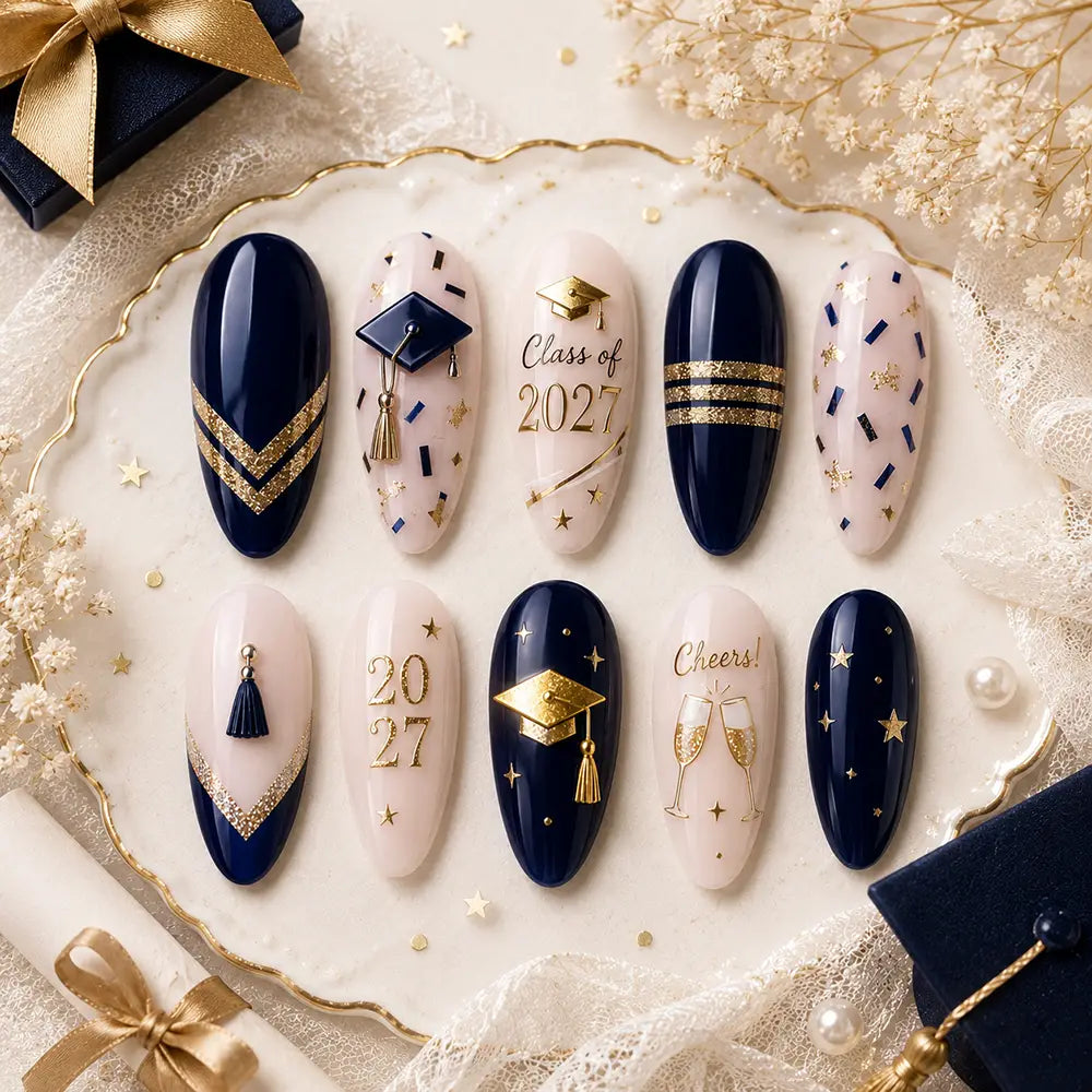 Class of 2027 Cap & Gold French Tip Press On Nails