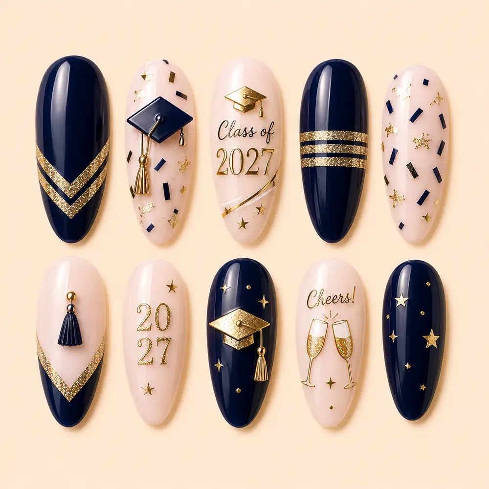 Class of 2027 Cap & Gold French Tip Press On Nails