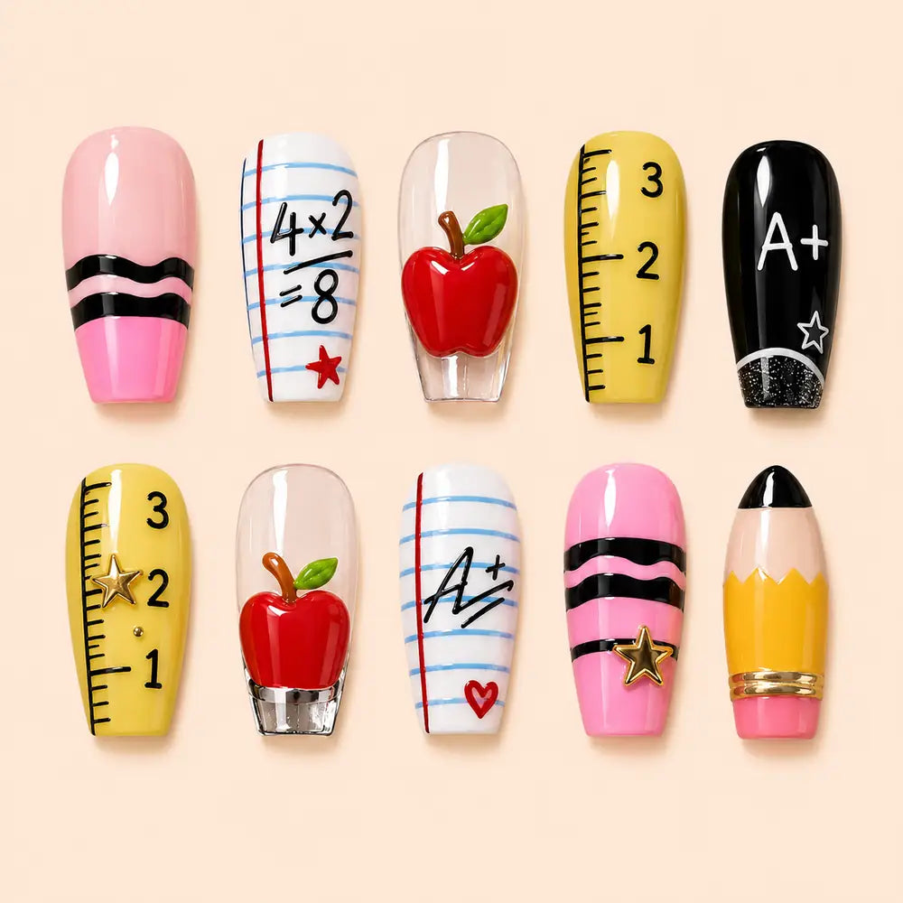 Classroom Apple and Pencil 3D Press On Nails — image 1