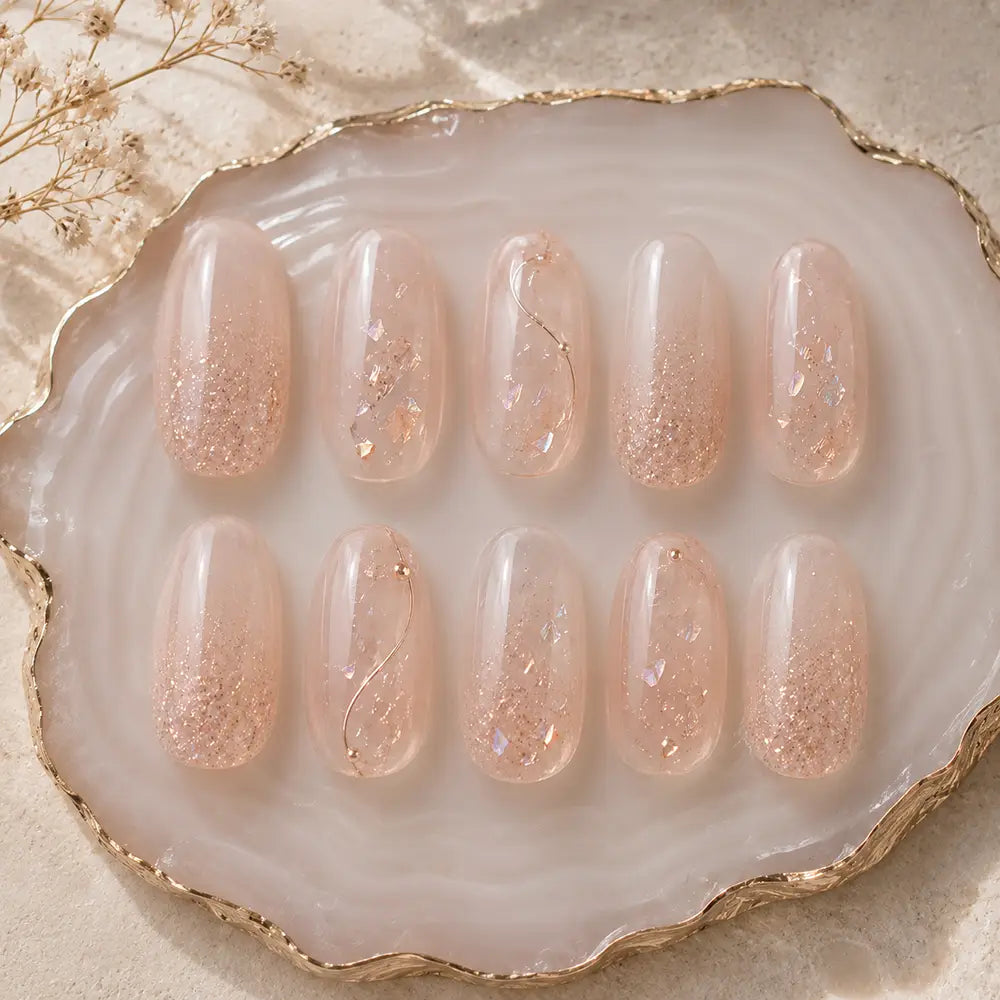 Clean Girl Bridal Rose Quartz Glitter Flakes Press On Nails