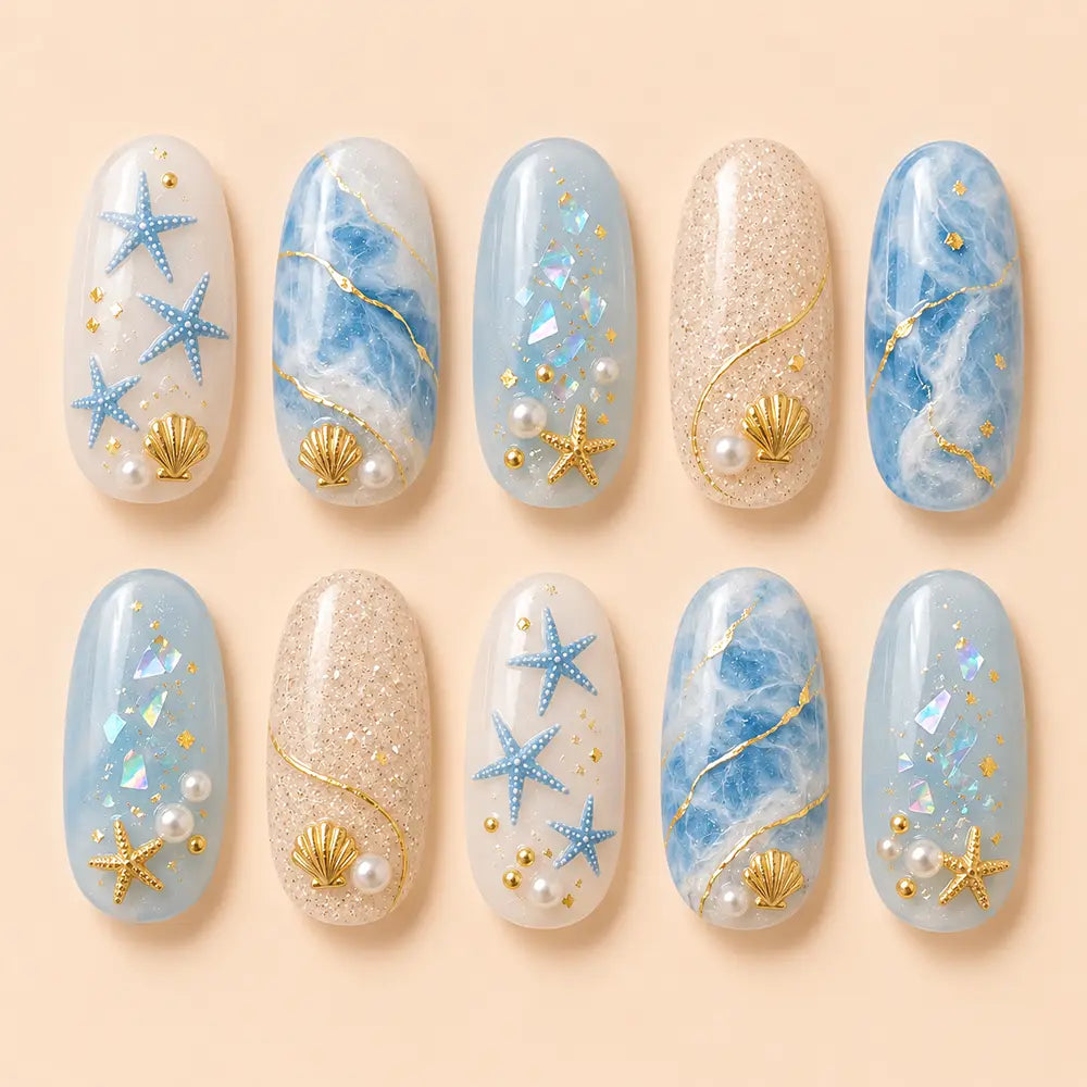 Coastal Mermaid Seashell Marble Press On Nails