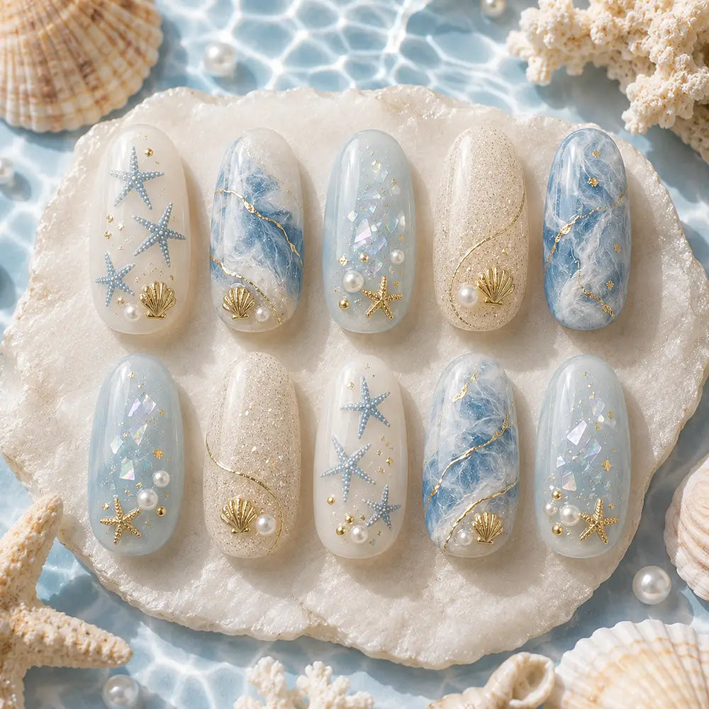 Coastal Mermaid Seashell Marble Press On Nails