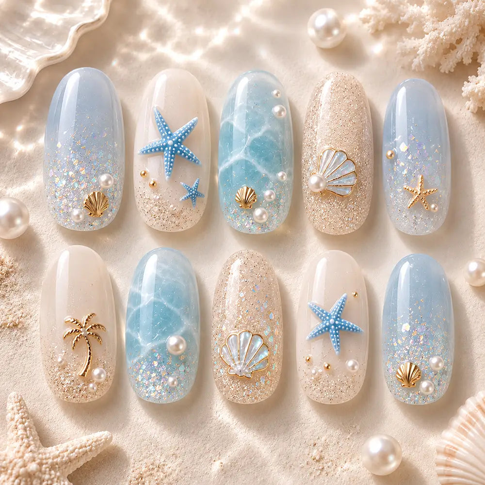 Coastal Pearl Ocean Beach Press On Nails