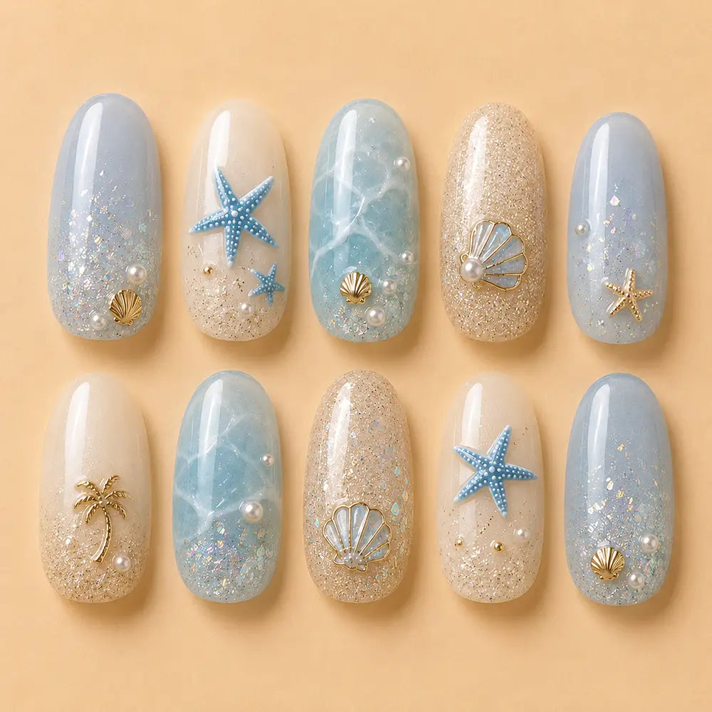 Coastal Pearl Ocean Beach Press On Nails