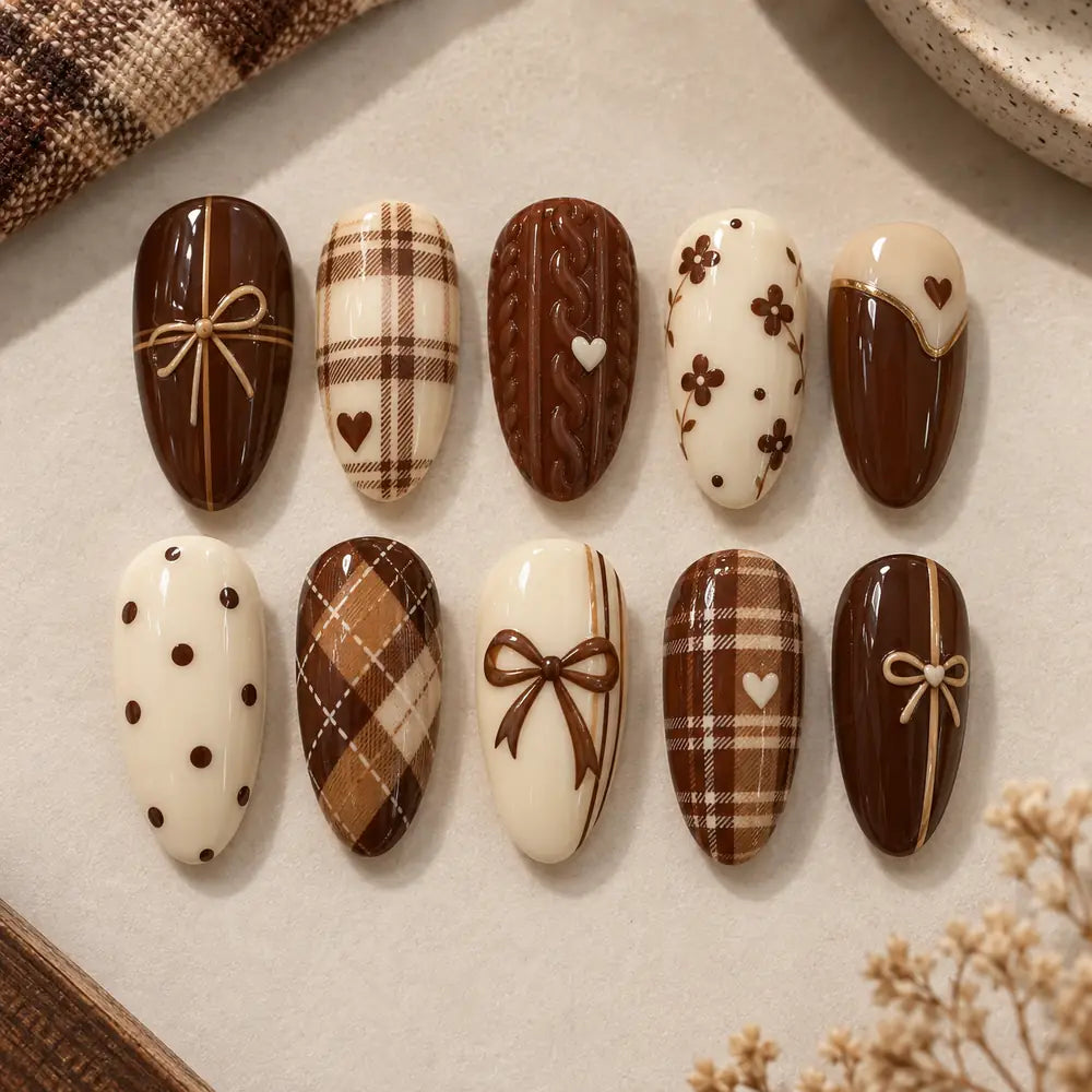 Cocoa Plaid Bow & Heart 3D Press On Nails — image 2