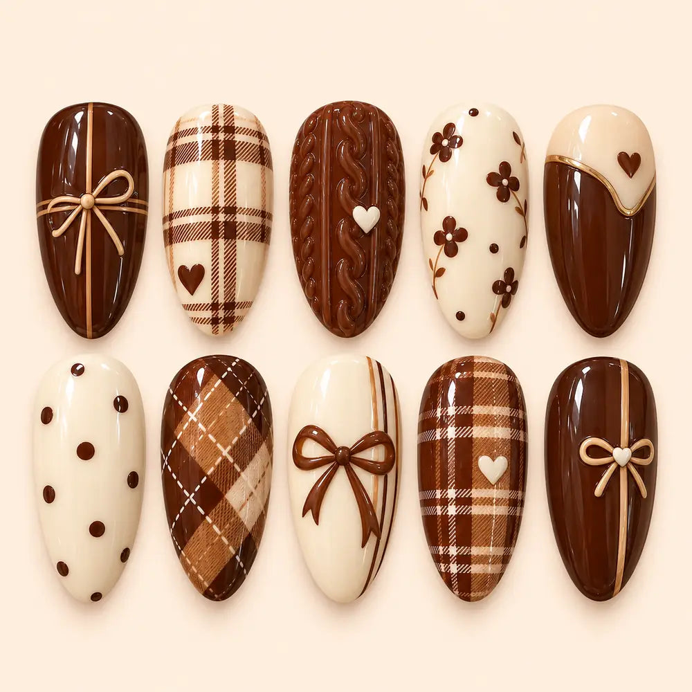 Cocoa Plaid Bow & Heart 3D Press On Nails — image 1
