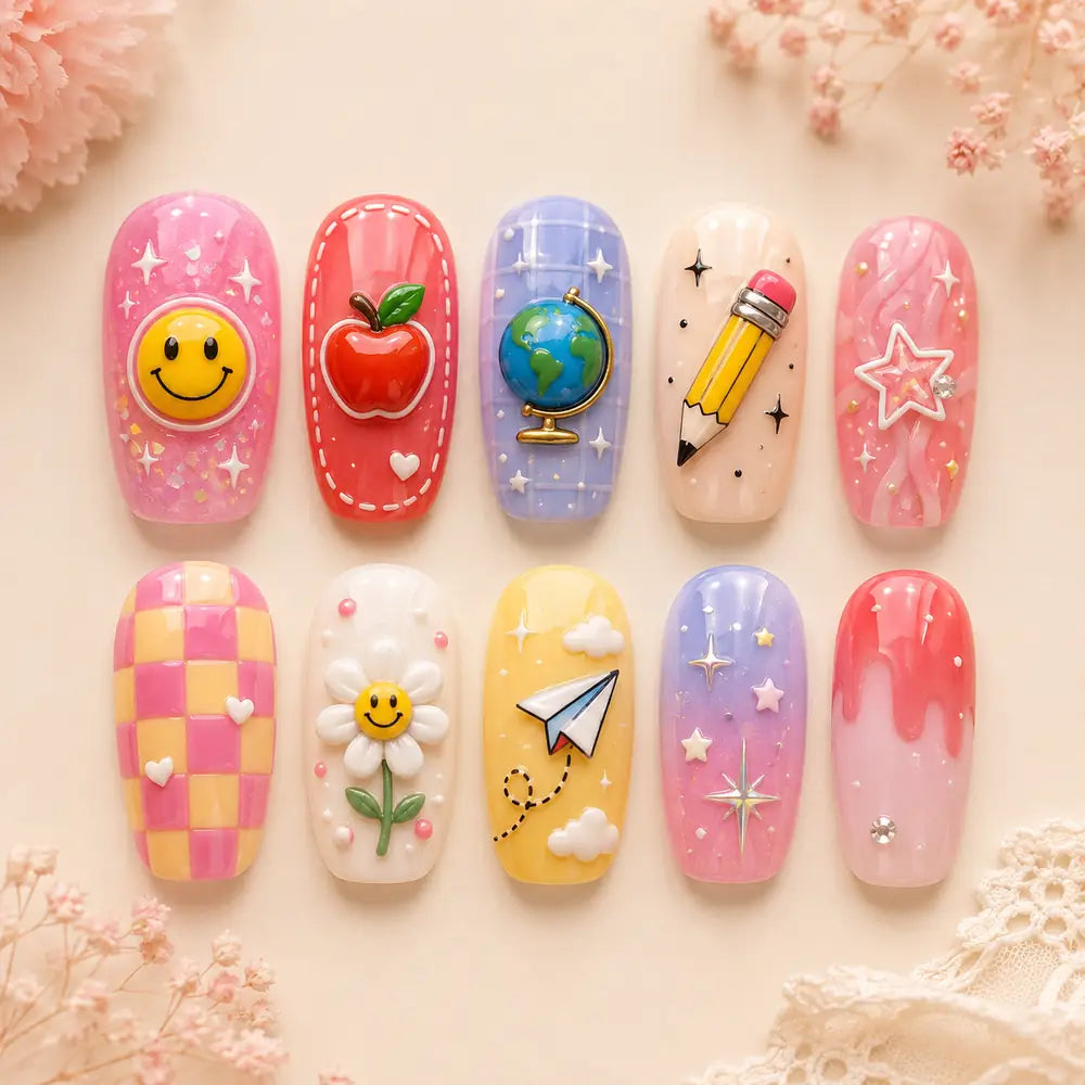 Colorful School Icons 3D Press On Nails — image 2
