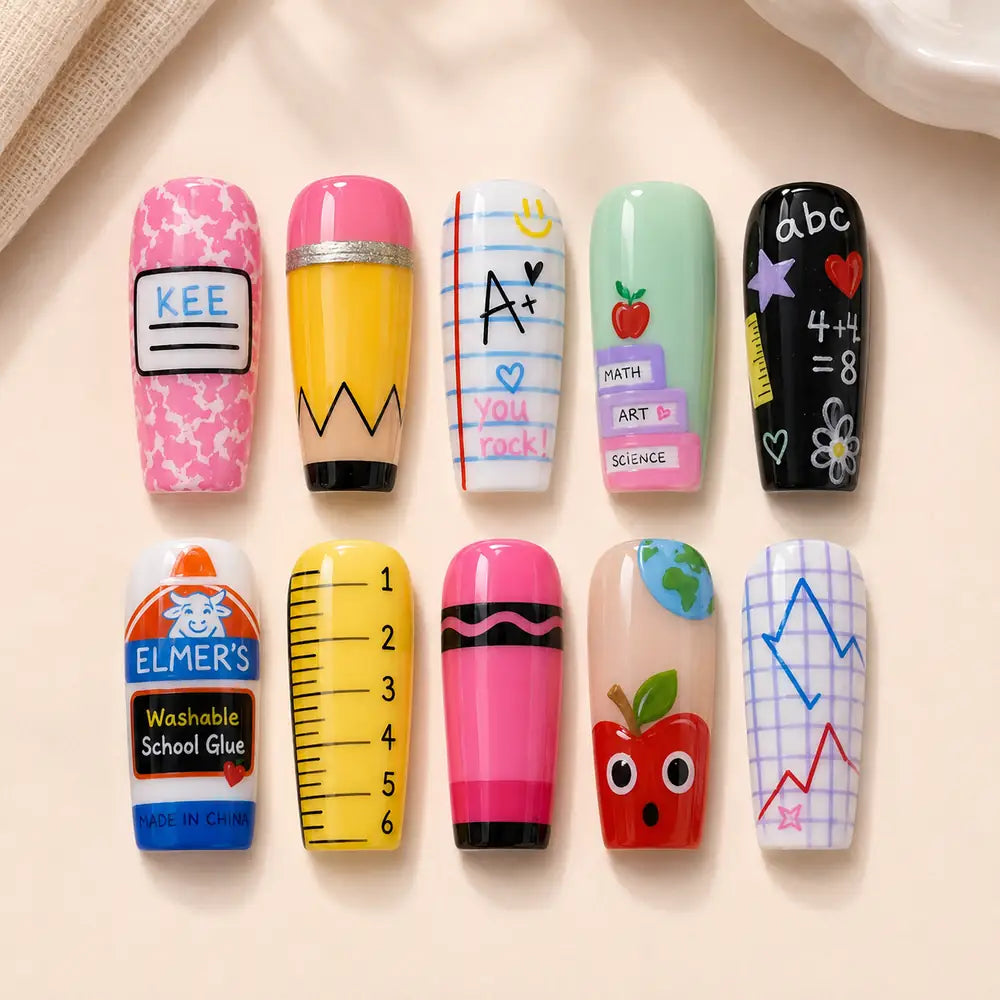 Colorful School Supplies 3D Press On Nails — image 2