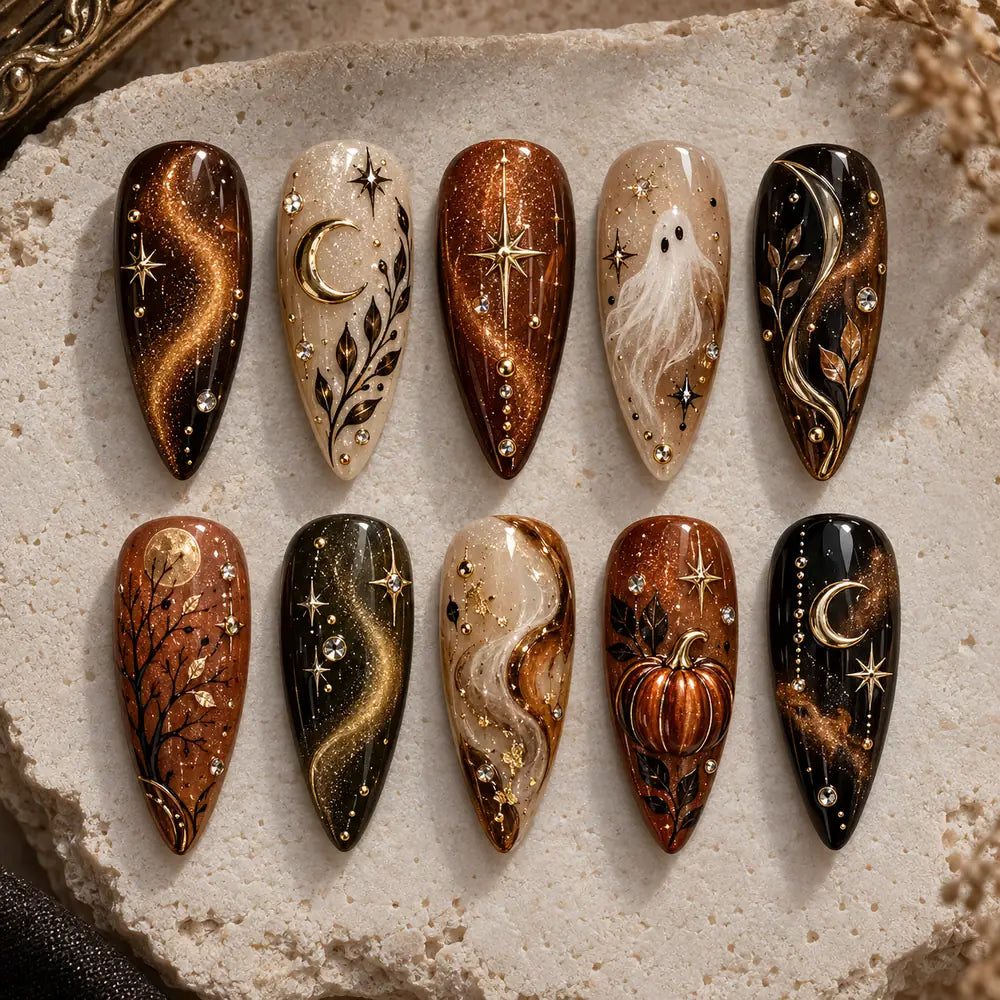 Copper Moonlit Ghost & Pumpkin Press On Nails — image 2