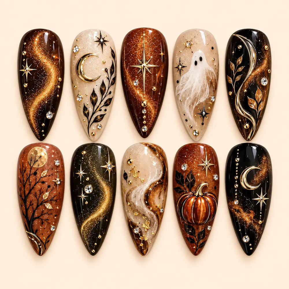 Copper Moonlit Ghost & Pumpkin Press On Nails — image 1