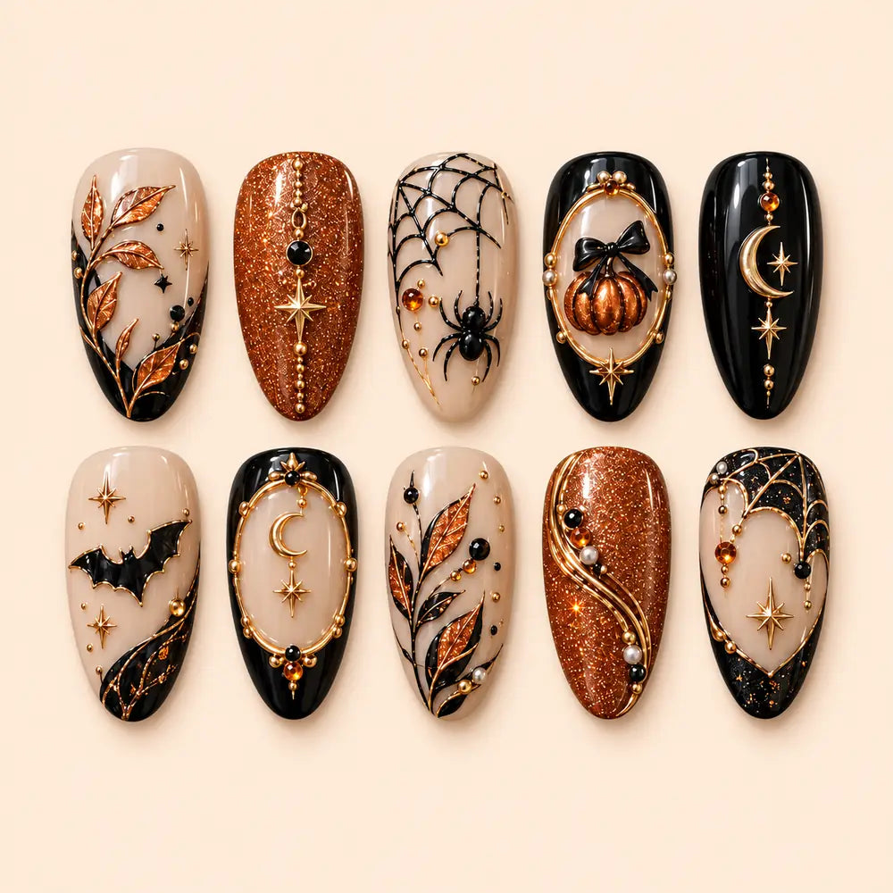 Copper Pumpkin Web Halloween Press On Nails — image 1