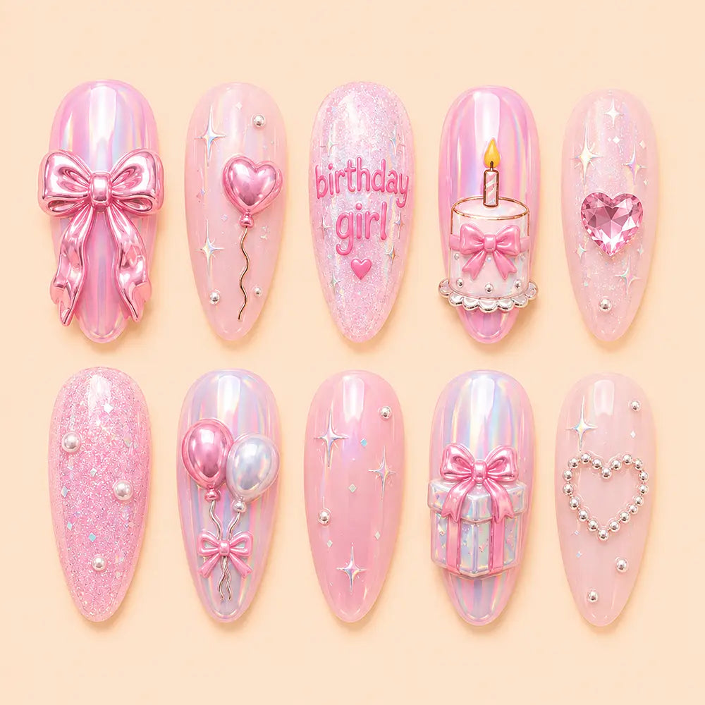 Coquette Birthday Bow & Chrome 3D Press On Nails