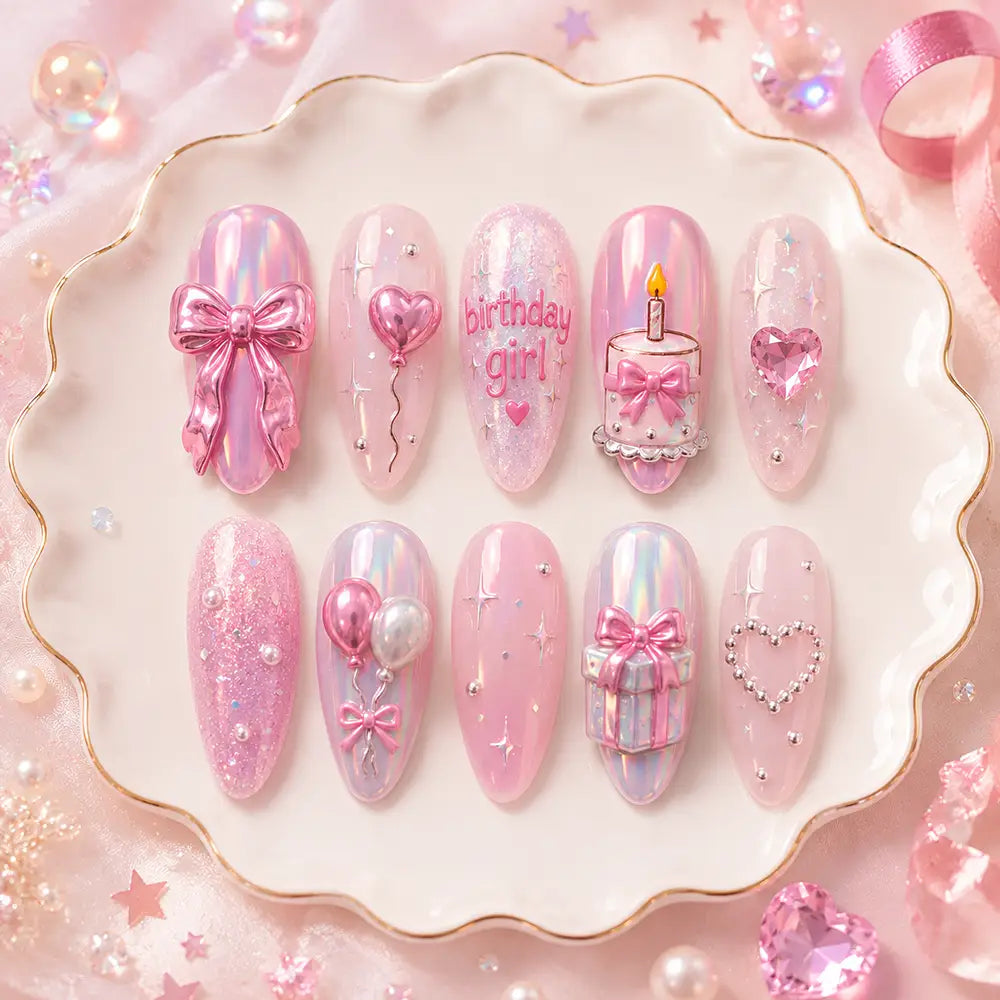 Coquette Birthday Bow & Chrome 3D Press On Nails