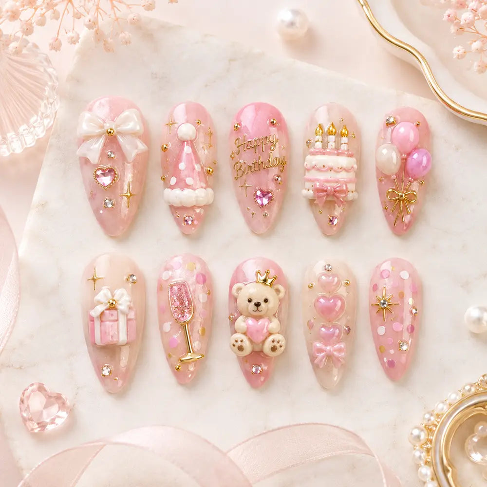Coquette Birthday Cake & Teddy Bear 3D Rhinestone Press On Nails