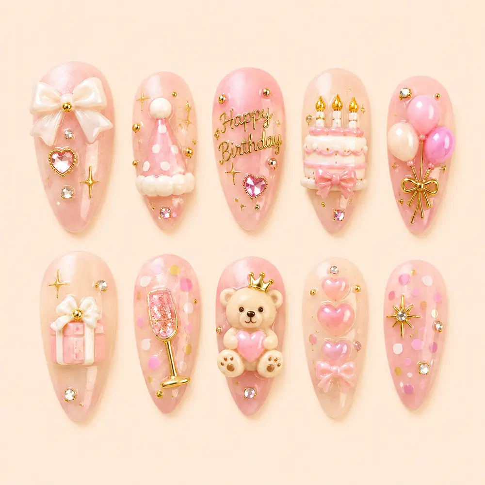 Coquette Birthday Cake & Teddy Bear 3D Rhinestone Press On Nails