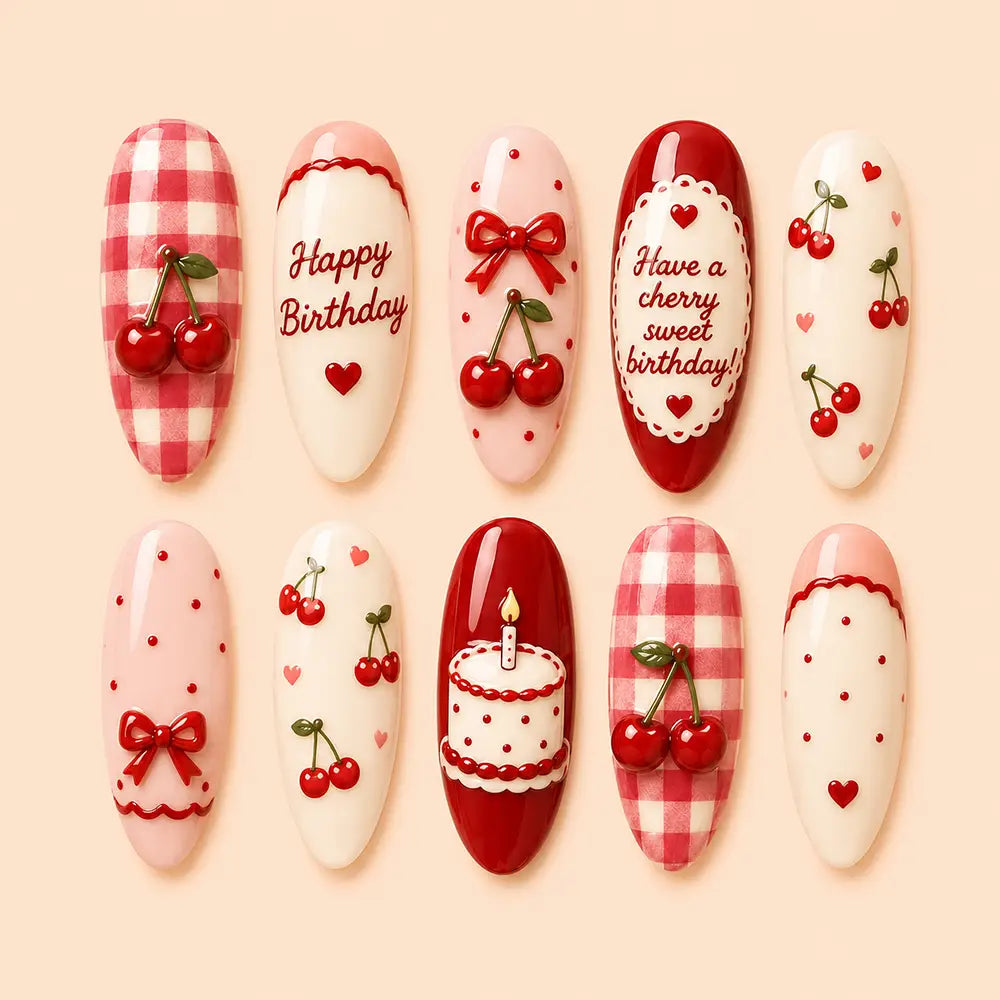Coquette Birthday Cherry 3D Press On Nails