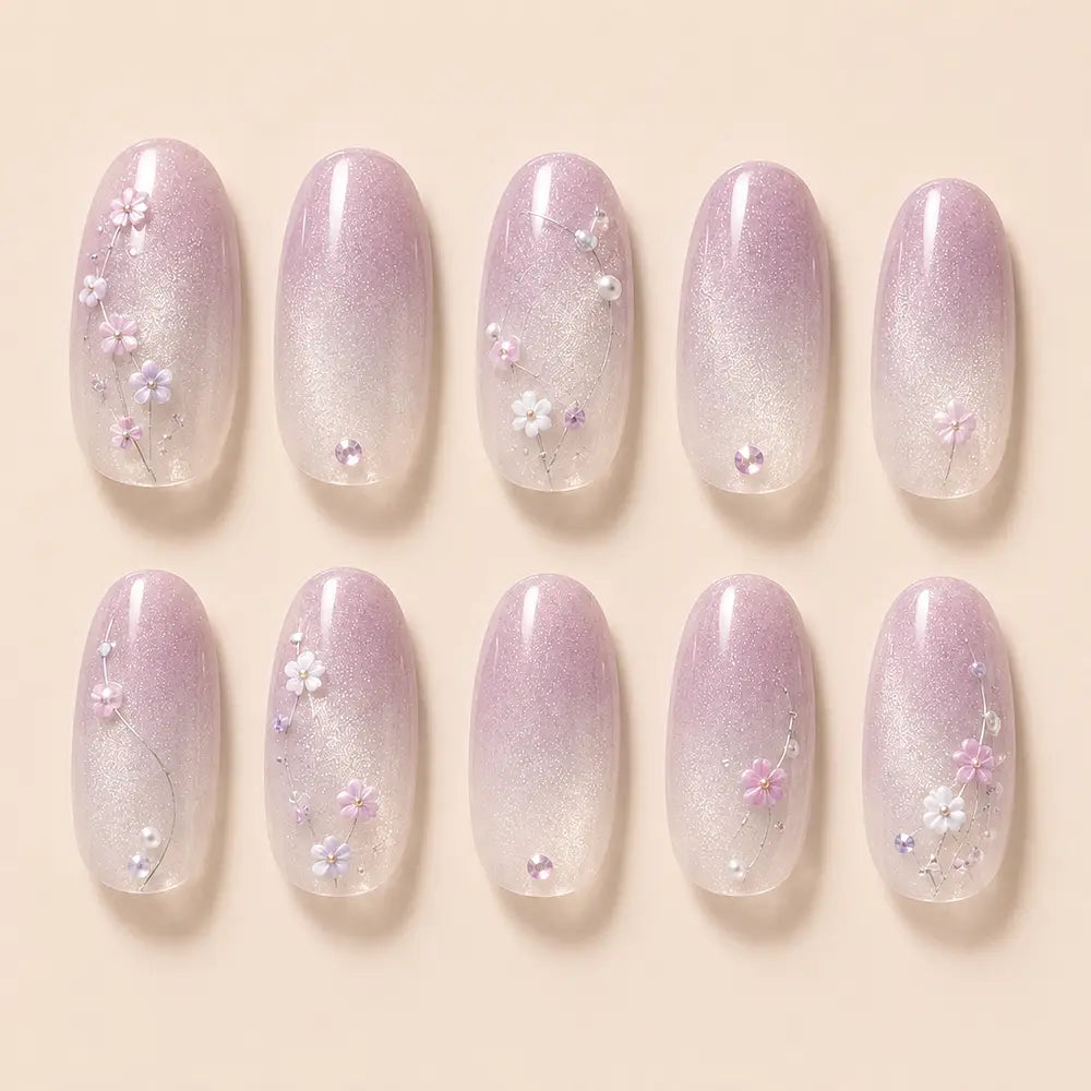 Coquette Bridal Cherry Blossom Aurora Ombre Cat Eye Press On Nails
