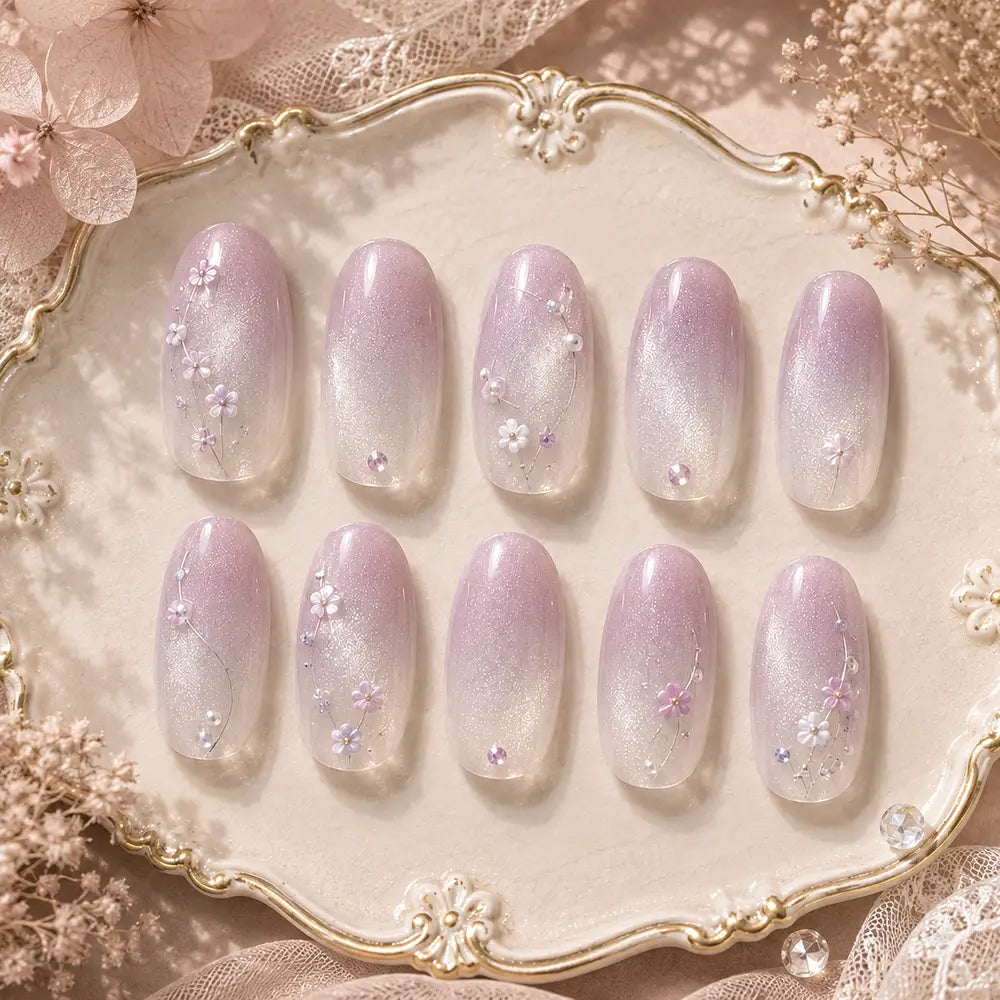 Coquette Bridal Cherry Blossom Aurora Ombre Cat Eye Press On Nails