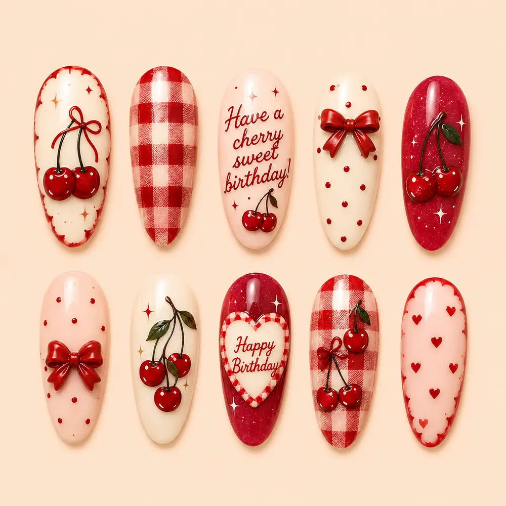 Coquette Cherry & Gingham Birthday Glossy Press On Nails