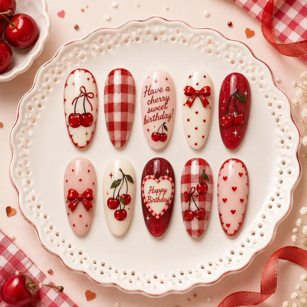 Coquette Cherry & Gingham Birthday Glossy Press On Nails