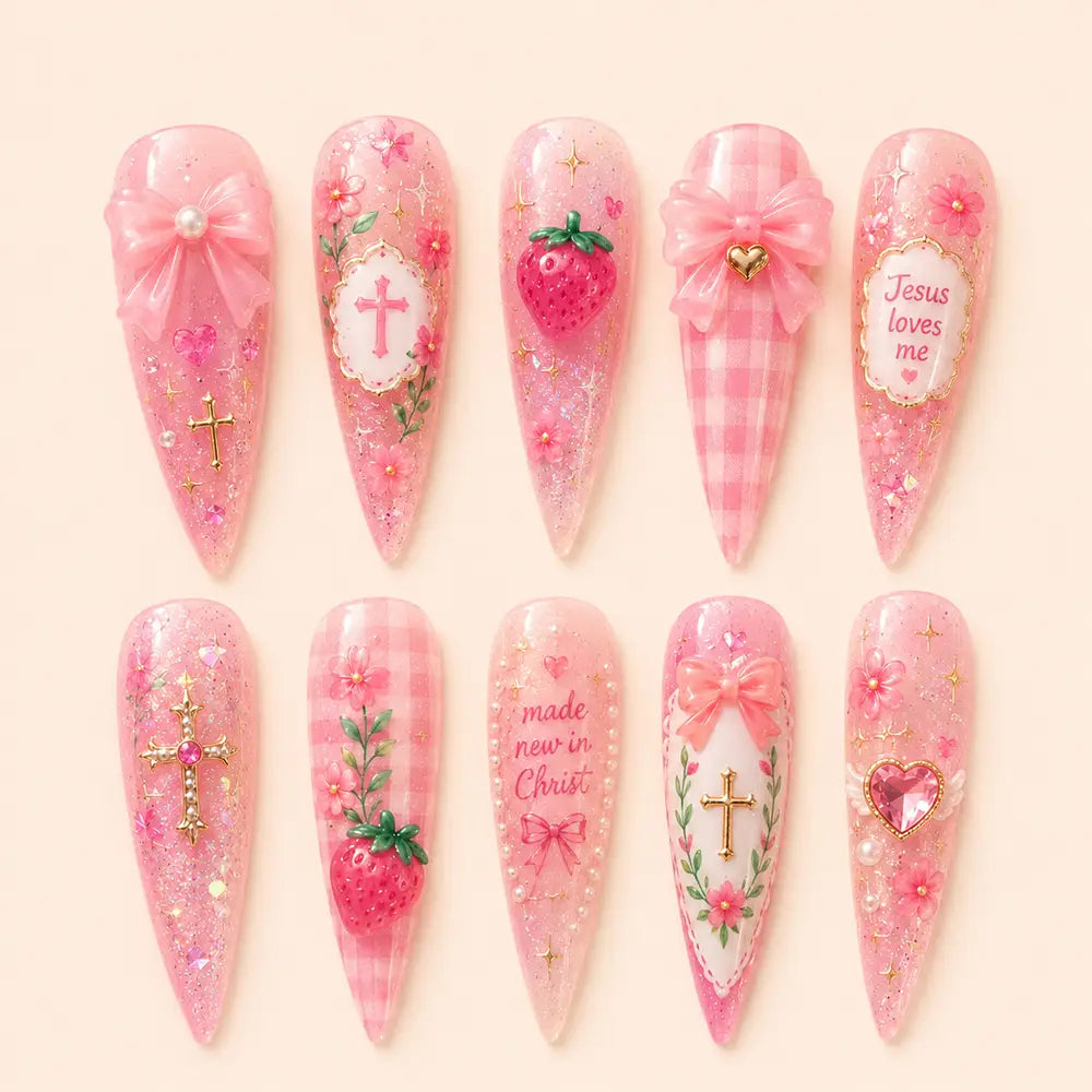 Coquette Christian Cross & Strawberry Glitter Press On Nails