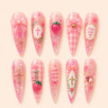 Coquette Christian Cross & Strawberry Glitter Press On Nails