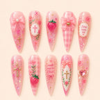 Coquette Christian Cross & Strawberry Glitter Press On Nails