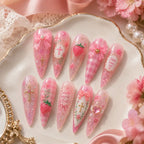 Coquette Christian Cross & Strawberry Glitter Press On Nails