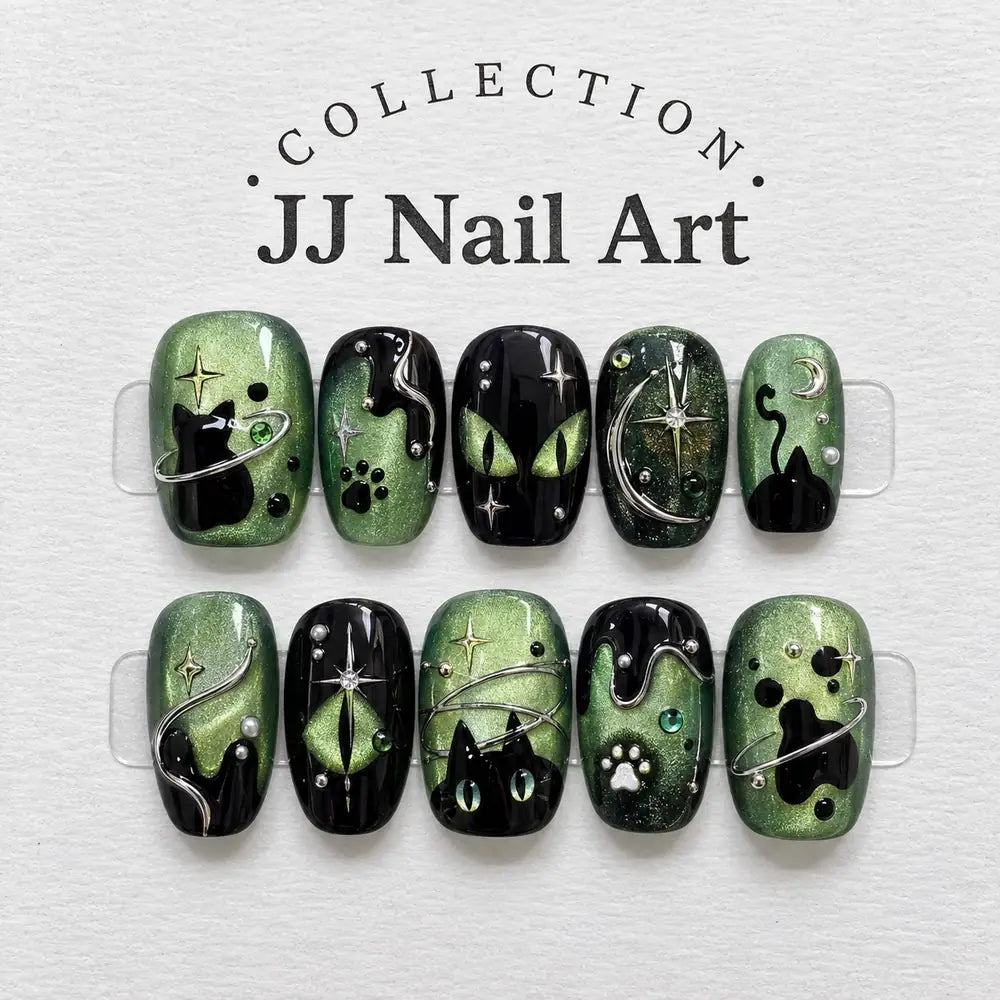 Cosmic Black Cat Green 3D Press On Nails — image 2