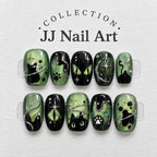 Cosmic Black Cat Green 3D Press On Nails — image 2