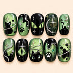 Cosmic Black Cat Green 3D Press On Nails — image 1