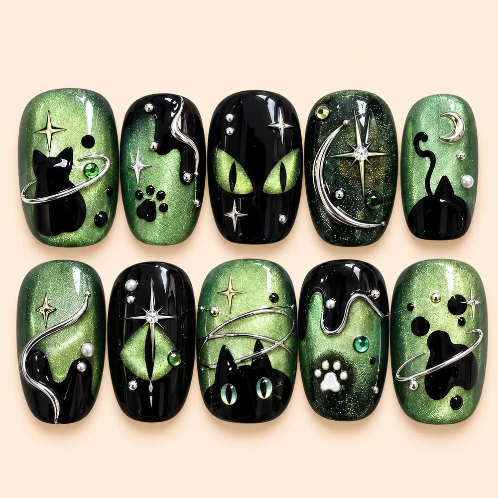 Cosmic Black Cat Green 3D Press On Nails — image 1